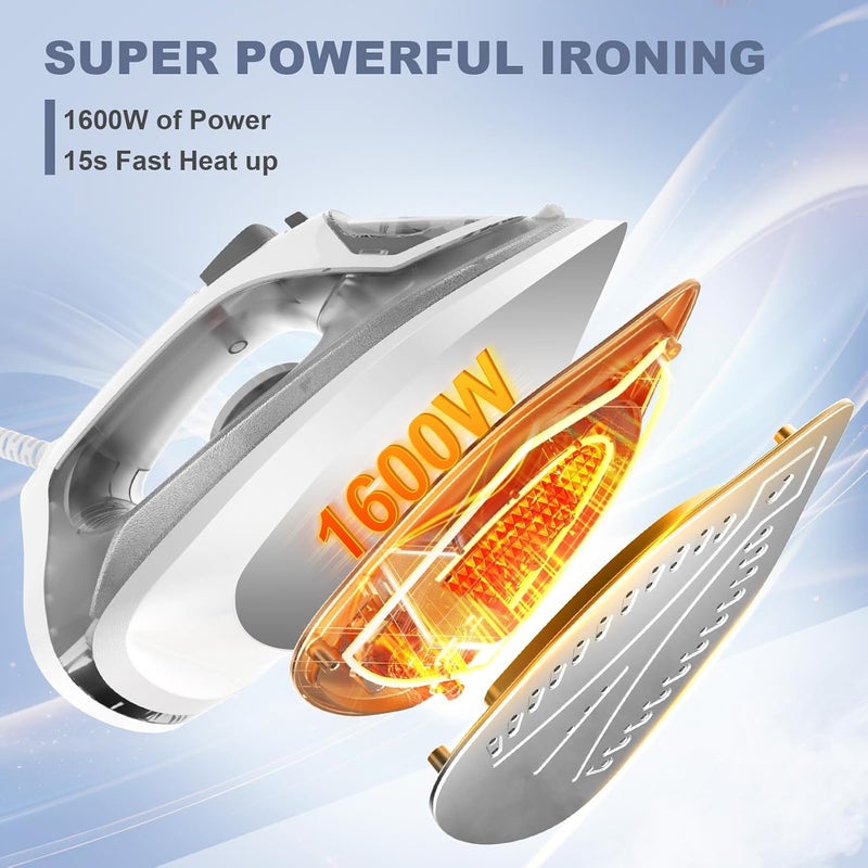 OSTBA 1600W Steam Iron for Clothes with Rapid Heating Nonstick Soleplate, Precise Thermostat Dial, Self-Cleaning, Anti-limescale, Drip Stop Function, 300ml Water Tank Clothes Iron - Image 3